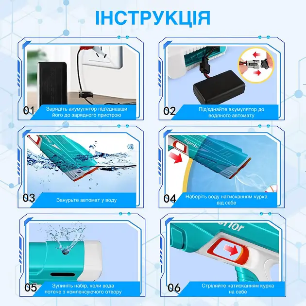 Купити Водяний Бластер на Акумуляторі Електричний Водяний Пістолет з Автоматичним Насосом Superior за 899 грн
